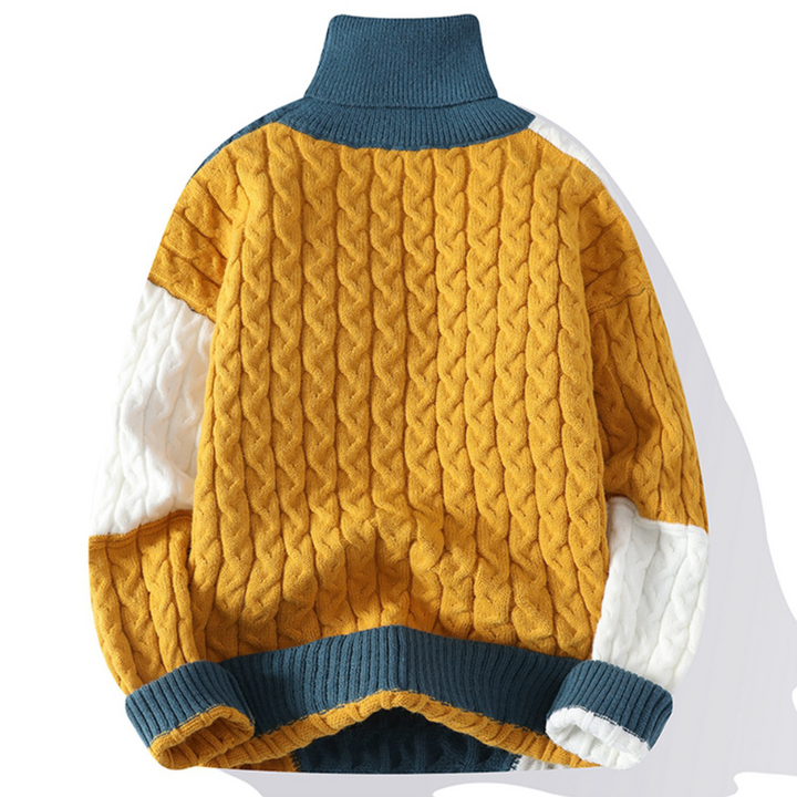 Patchworkowy golf męski, sweter color block. Modny i ciepły na jesień/zimę. Elegancki casual, ubrania męskie.