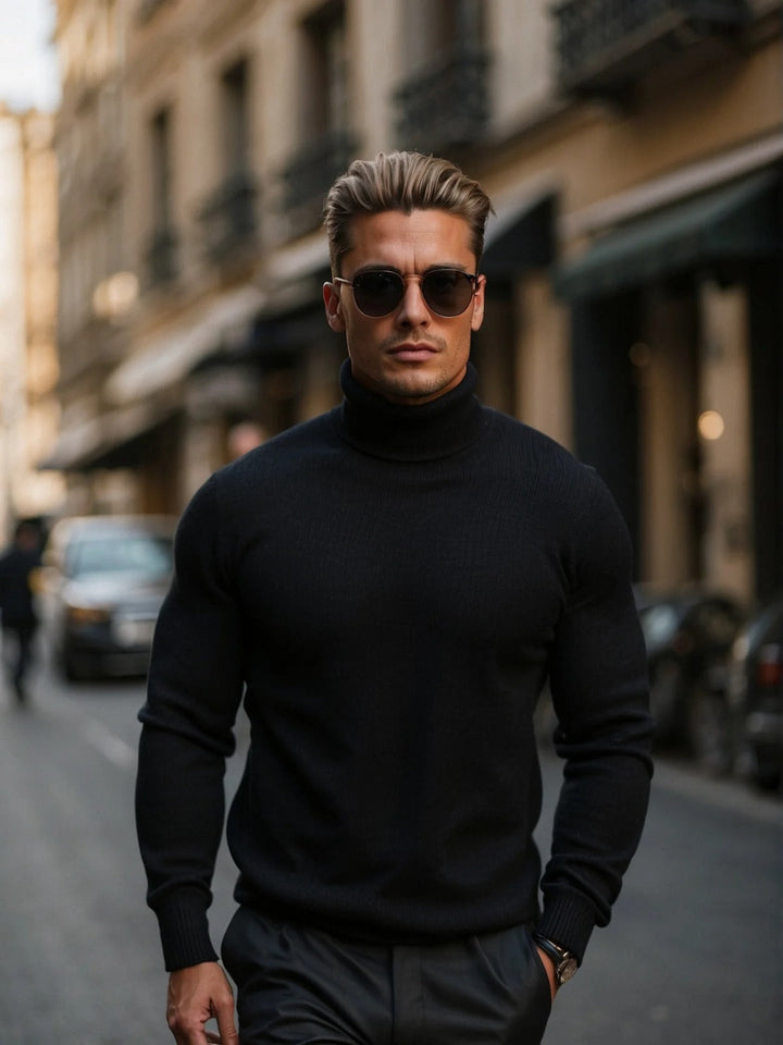 Męski golf z wysokim kołnierzem, idealny elegancki sweter męski na jesień i zimę.