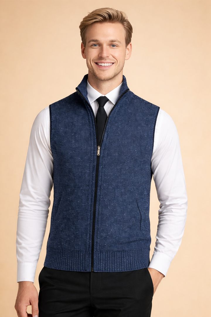 Męski kardigan bez rękawów z zamkiem błyskawicznym. Idealna kamizelka męska smart casual na jesień/zimę.