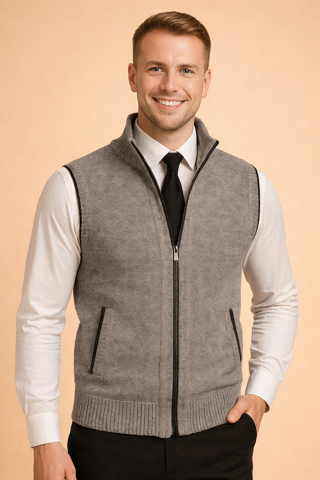 Męska kamizelka kardigan z zamkiem błyskawicznym. Stylowy kardigan bez rękawów do stylizacji smart casual.