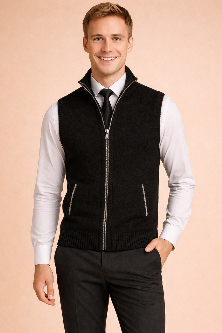 Smart casual męski kardigan bez rękawów. Modna kamizelka z zamkiem błyskawicznym, idealna na jesień i zimę.