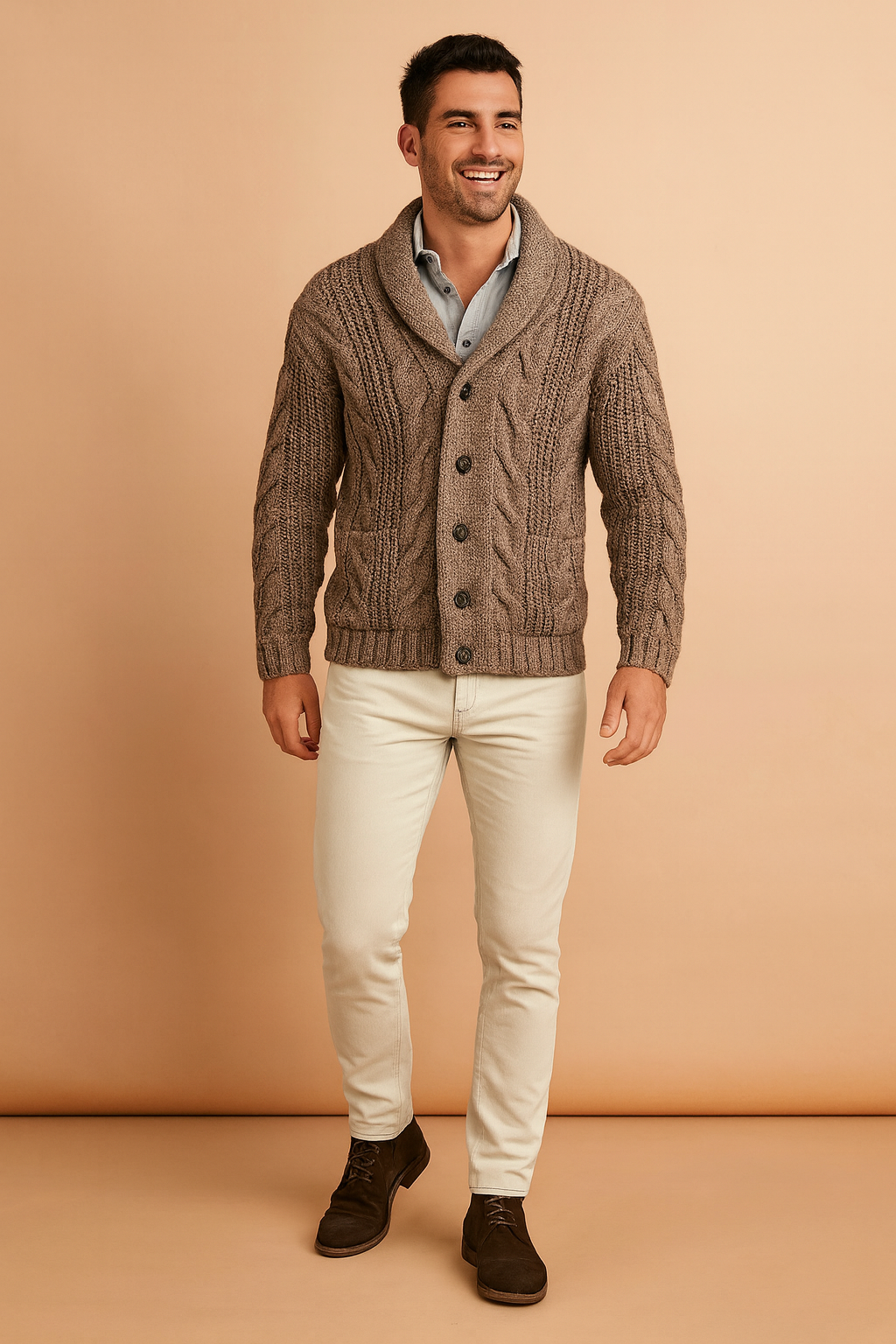 Kardigan męski z kołnierzem szalowym i guzikami. Elegancki sweter, idealny dla modnego mężczyzny.