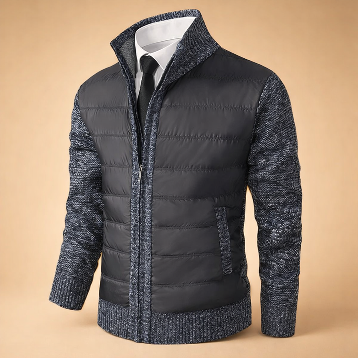 Elegancki męski kardigan z zamkiem, ciepły i modny sweter na chłodne wieczory. Styl smart-casual.