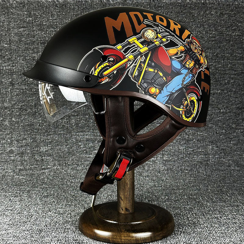 Kask motocyklowy minimalistyczny, męski, na choppera, bezpieczeństwo i styl retro.