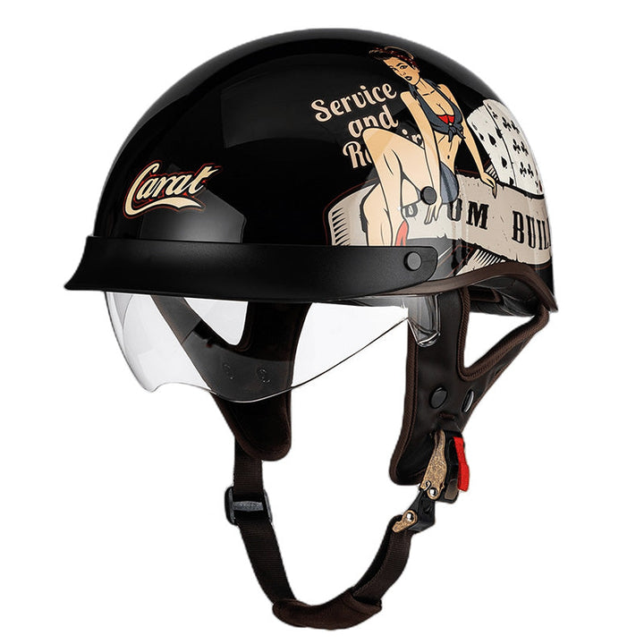 Kask motocyklowy męski, styl retro, chopper, minimalistyczny, akcesoria motocyklowe.