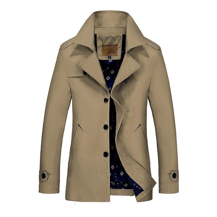 Modny męski krótki trencz dopasowany, idealny na wiosnę i jesień. Zapewnia elegancki styl casualowy.