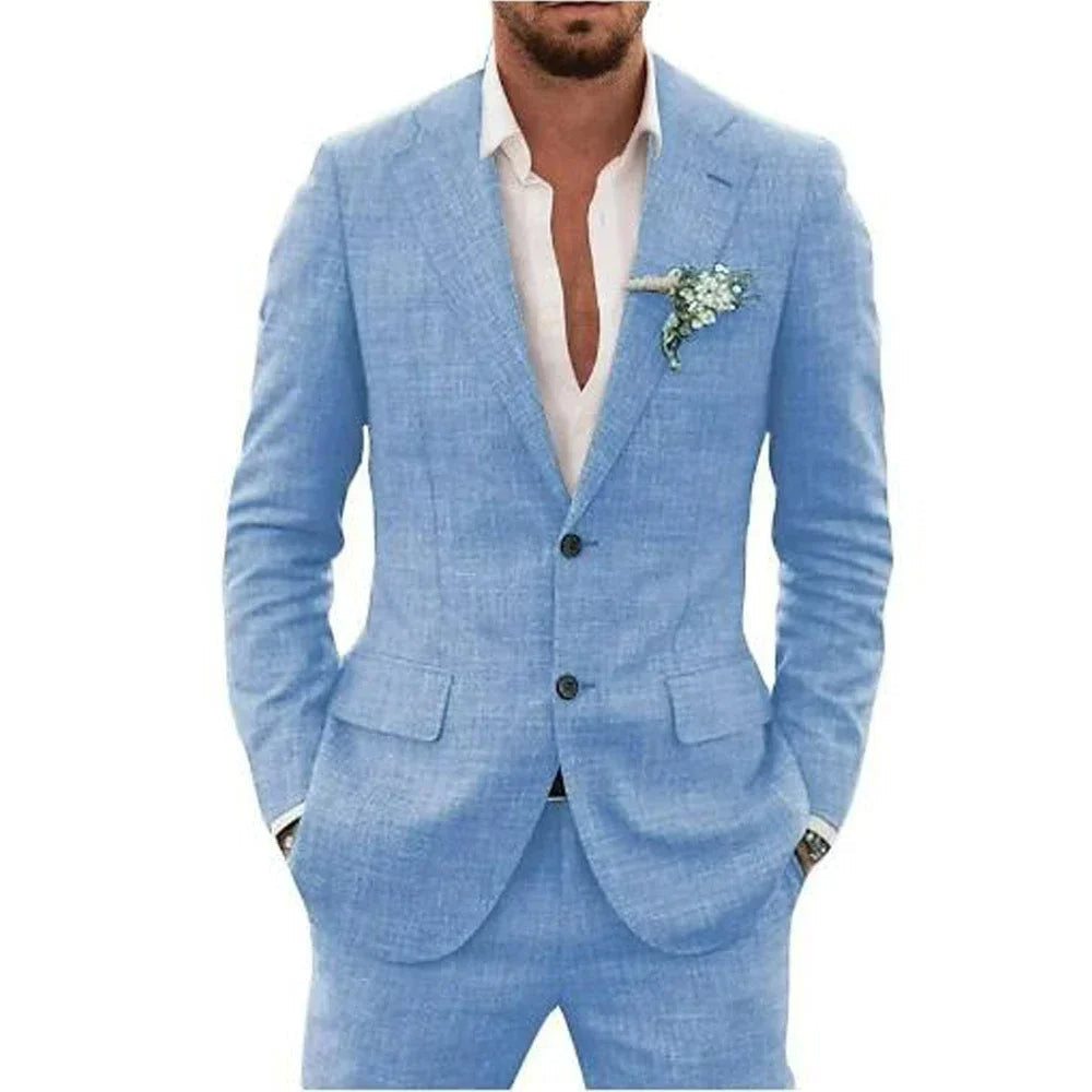 Elegancki męski garnitur lniany, idealny na letnie uroczystości i stylizacje casual smart.