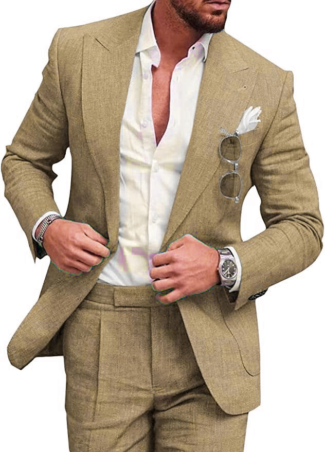 Stylowy męski garnitur lniany, przewiewny i elegancki, doskonały wybór na lato i wakacje.