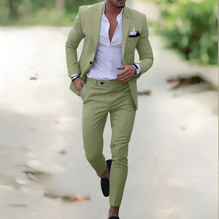 Męski garnitur Lenny z lnu. Elegancki, biznesowy, ślubny zestaw. Komfortowa moda męska na wiosnę i lato.