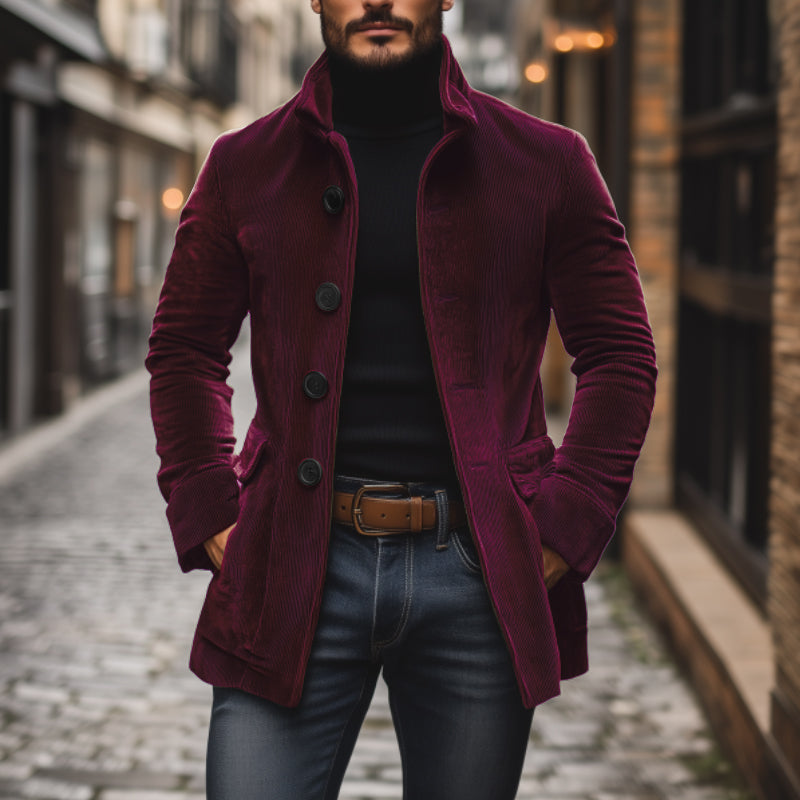 Męski płaszcz vintage slim fit. Klasyczny, dopasowany płaszcz z elegancką stójką na co dzień.