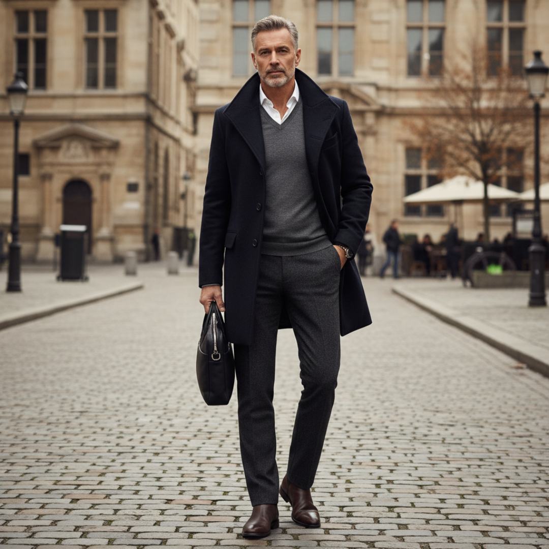 Męski płaszcz zimowy. Detale: elegancki kołnierz, guziki. Klasyczny, modny styl na jesień i zimę. Komfortowe okrycie wierzchnie.