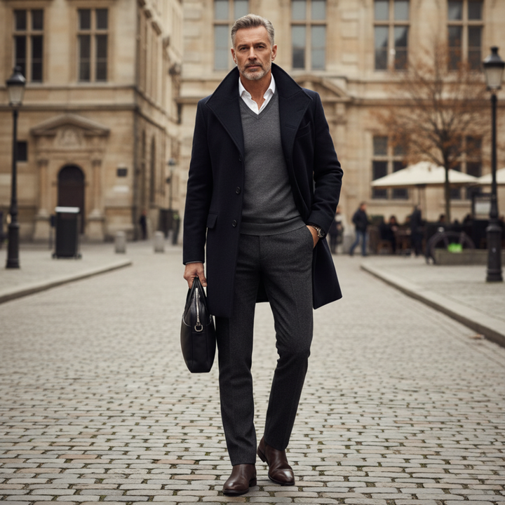 Męski płaszcz zimowy. Detale: elegancki kołnierz, guziki. Klasyczny, modny styl na jesień i zimę. Komfortowe okrycie wierzchnie.