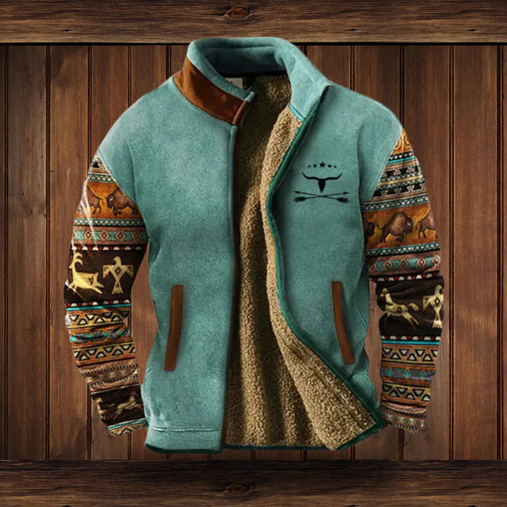 Zbliżenie na fakturę męskiego płaszcza zimowego vintage. Detale wytrzymałego materiału, styl outdoor.