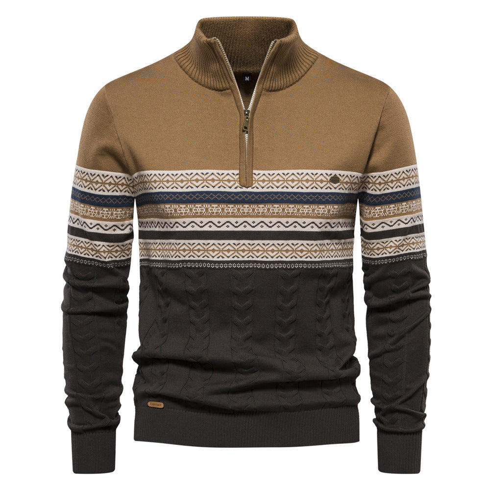 Męski pasiasty sweter z zamkiem, elegancki i wygodny. Modna odzież męska, casualowy sweter na zimę, idealny na co dzień.