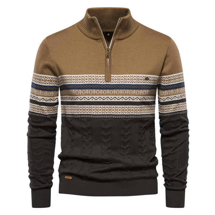 Męski pasiasty sweter z zamkiem, elegancki i wygodny. Modna odzież męska, casualowy sweter na zimę, idealny na co dzień.