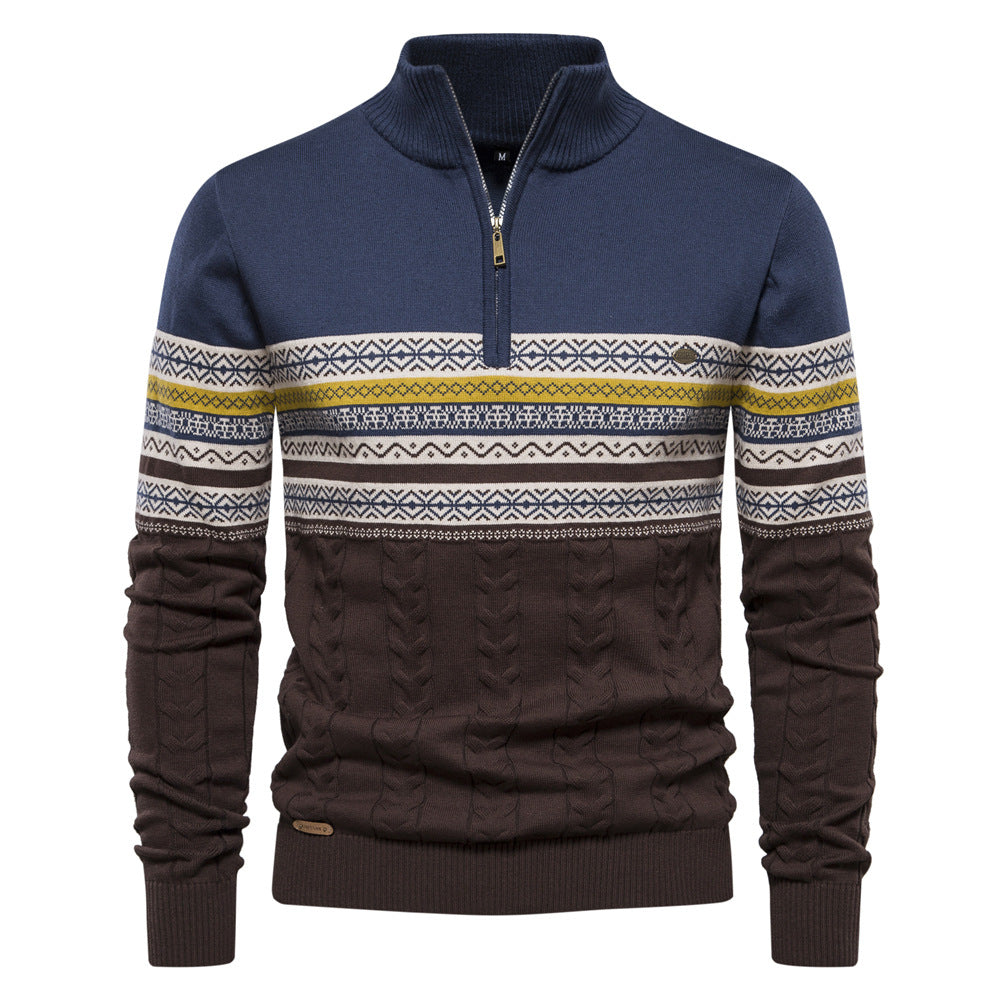 Elegancki męski sweter w pasy z zamkiem pod szyją. Wygodny casualowy sweter, idealny do stylizacji męskich na zimę.