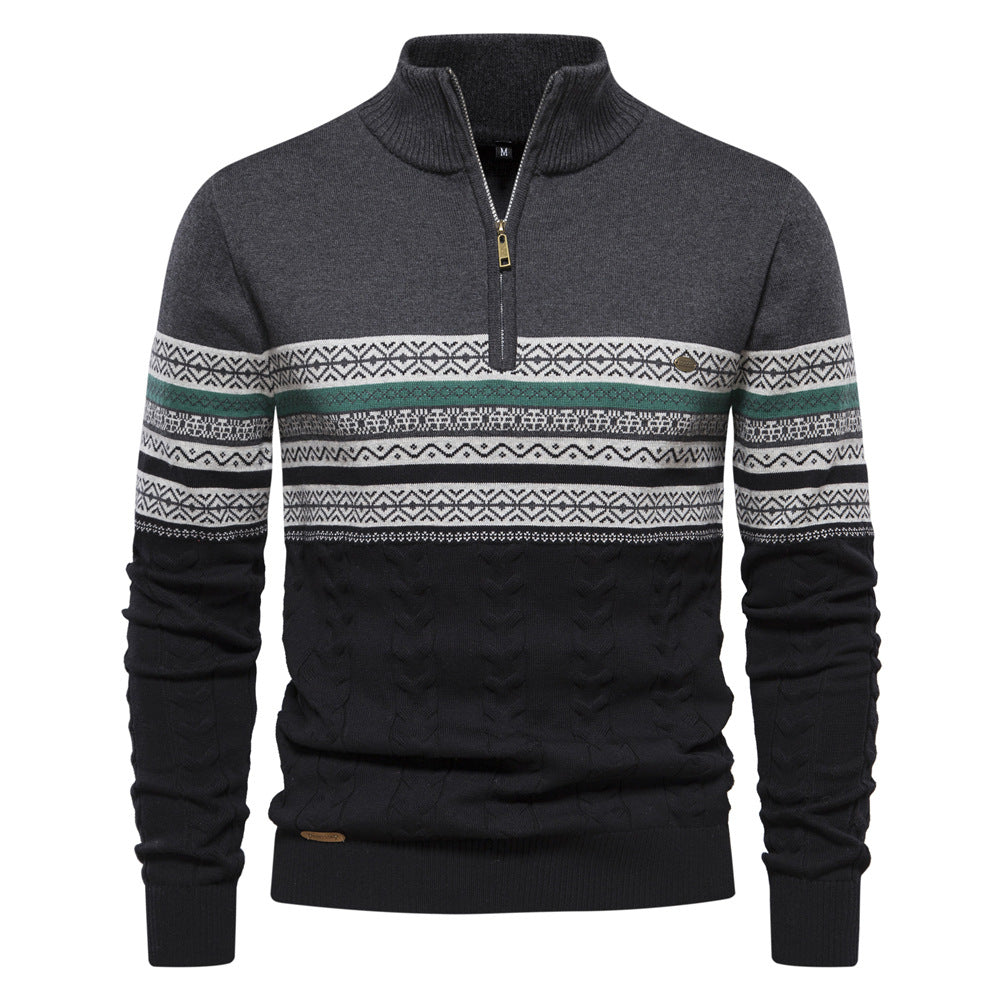 Męski sweter w paski z zamkiem, komfortowy na co dzień. Modna odzież męska do stylizacji casualowych i eleganckich na zimę.