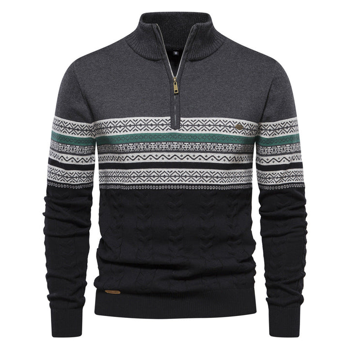 Męski sweter w paski z zamkiem, komfortowy na co dzień. Modna odzież męska do stylizacji casualowych i eleganckich na zimę.