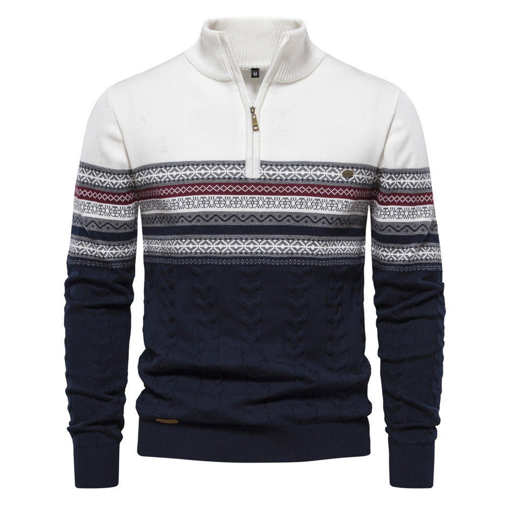 Ciepły, pasiasty sweter męski z zamkiem, idealny na zimę. Wygodna i modna odzież męska, casualowy styl na co dzień.