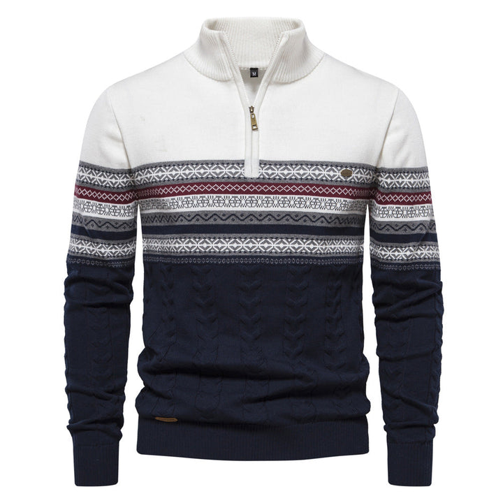 Ciepły, pasiasty sweter męski z zamkiem, idealny na zimę. Wygodna i modna odzież męska, casualowy styl na co dzień.