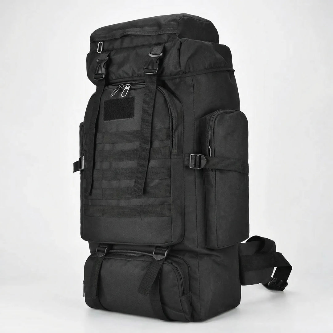 Boczny widok plecaka trekkingowego 80L/100L. Liczne kieszenie, duża pojemność na sprzęt outdoorowy i wyprawy.
