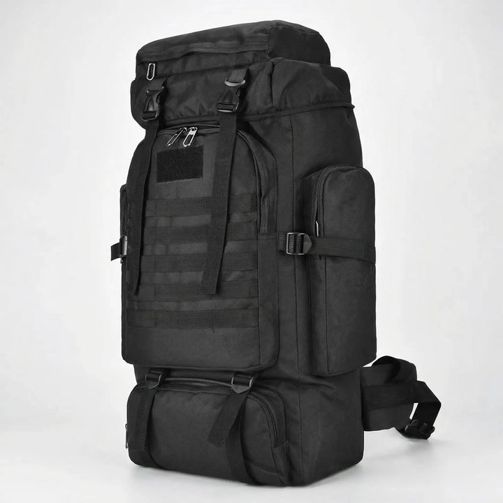 Boczny widok plecaka trekkingowego 80L/100L. Liczne kieszenie, duża pojemność na sprzęt outdoorowy i wyprawy.