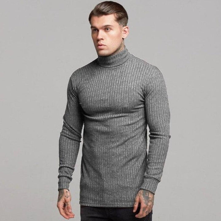 Męski prążkowany sweter golf, dopasowany fason. Elegancki i ciepły golf męski na jesień/zimę.