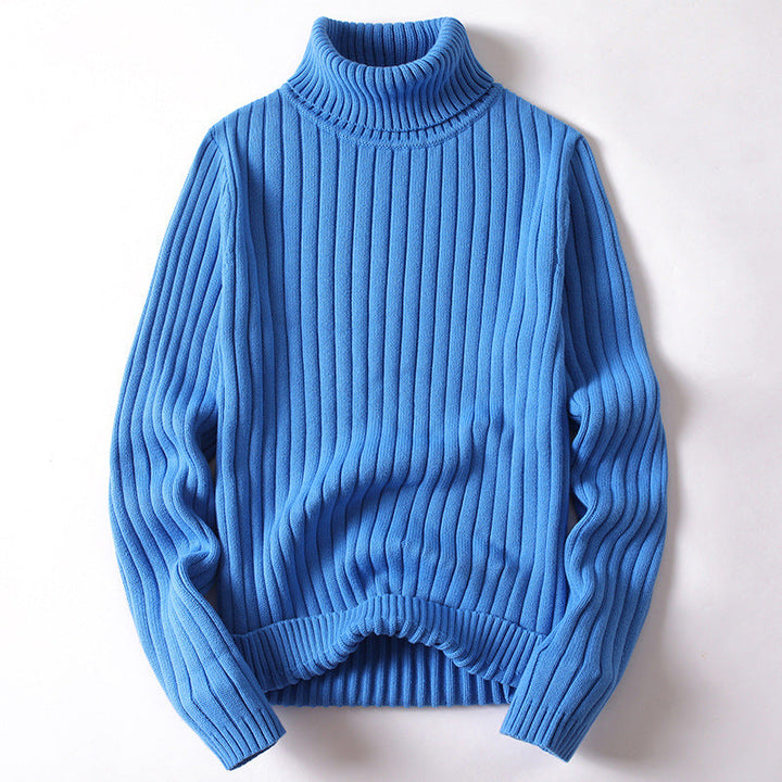 Męski sweter prążkowany z wysokim golfem, doskonały do casualowych i eleganckich stylizacji jesienno-zimowych.