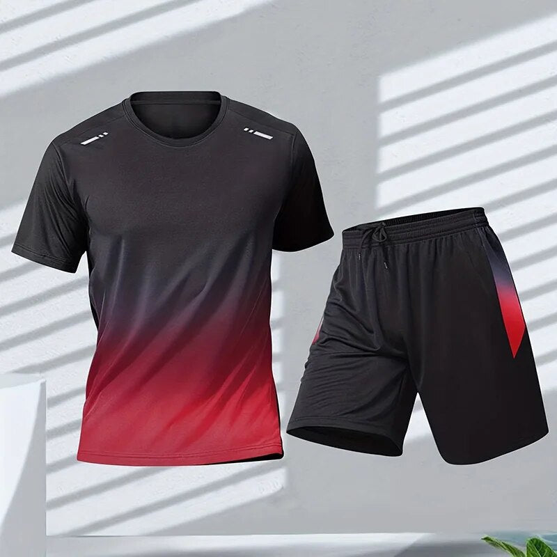 Oddychający męski komplet sportowy z gradientowym nadrukiem. Idealny na trening, aktywność fizyczną i casualowe lato.