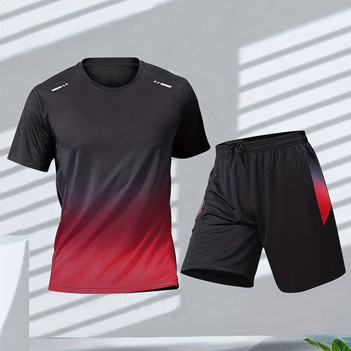 Oddychający męski komplet sportowy z gradientowym nadrukiem. Idealny na trening, aktywność fizyczną i casualowe lato.