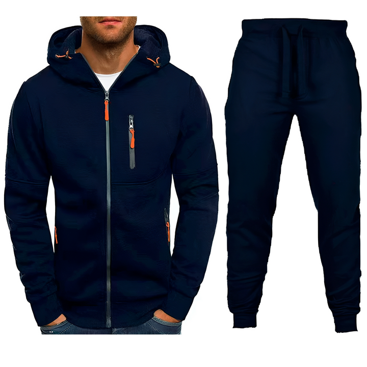 Komfortowy męski dres, komplet sportowy z bluzą i spodniami. Stylowy ubiór na zimę.