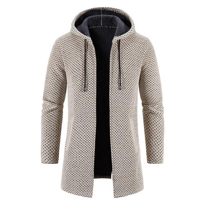 Męski stylowy kardigan z kapturem, idealny na jesień i zimę. Ciepły sweter na co dzień, smart casual.
