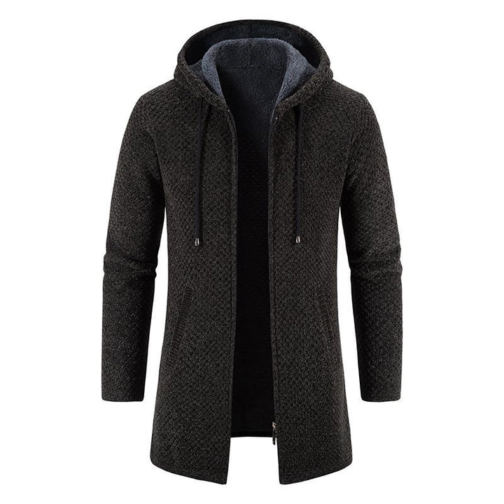 Elegancki męski kardigan z kapturem w stylizacji casual. Modne okrycie wierzchnie na chłodne dni.