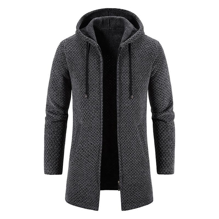 Modny męski kardigan z kapturem na jesień i zimę. Stylowy sweter do casualowych i smart casualowych outfitów.
