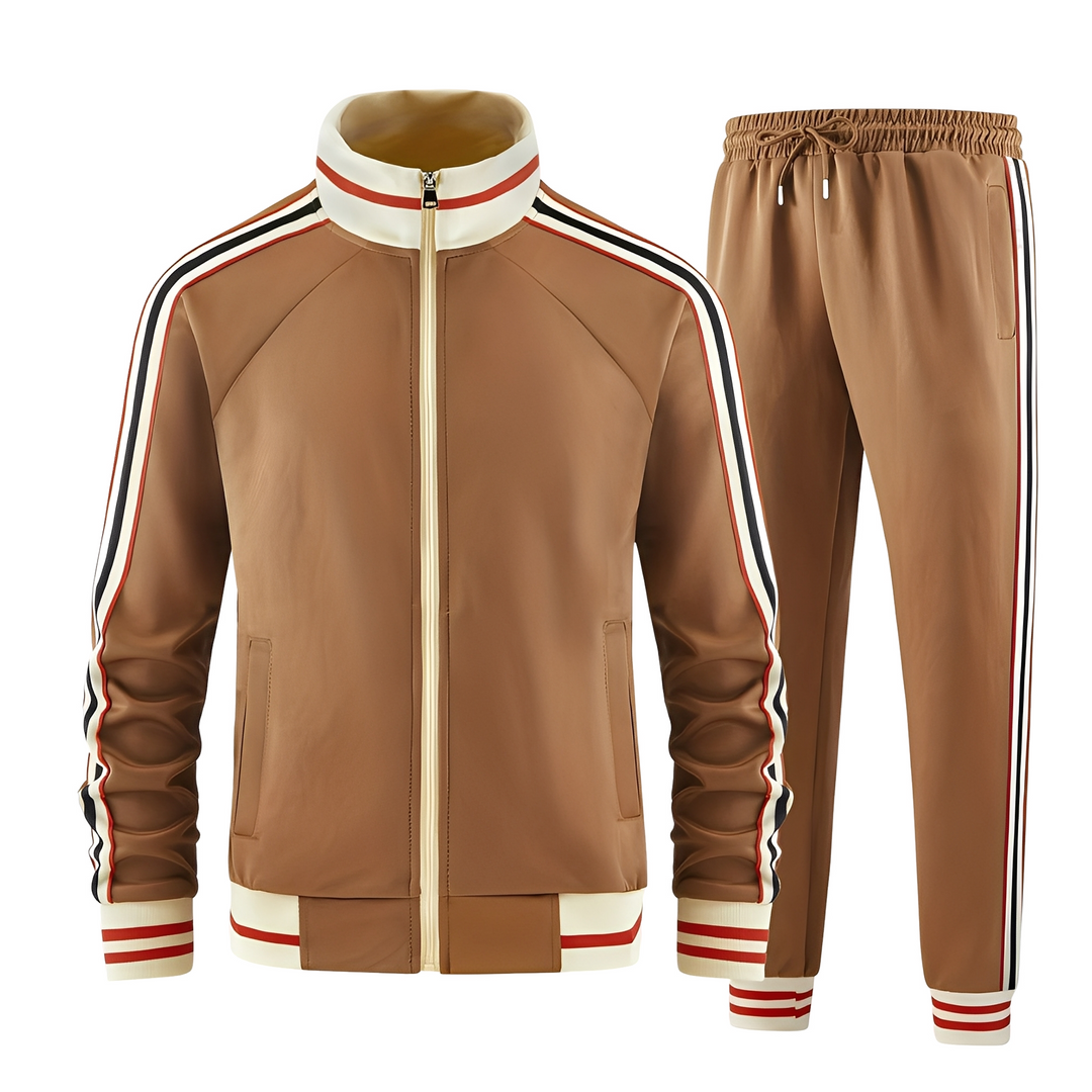 Męski stylowy paskowany dres sportowy, idealny zestaw na co dzień i na trening. Komfortowa odzież męska.