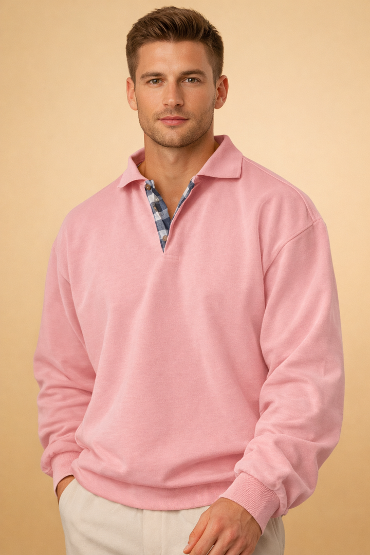 Modny sweter męski z kołnierzykiem, casualowy design dla nowoczesnego mężczyzny. Dzianina męska.