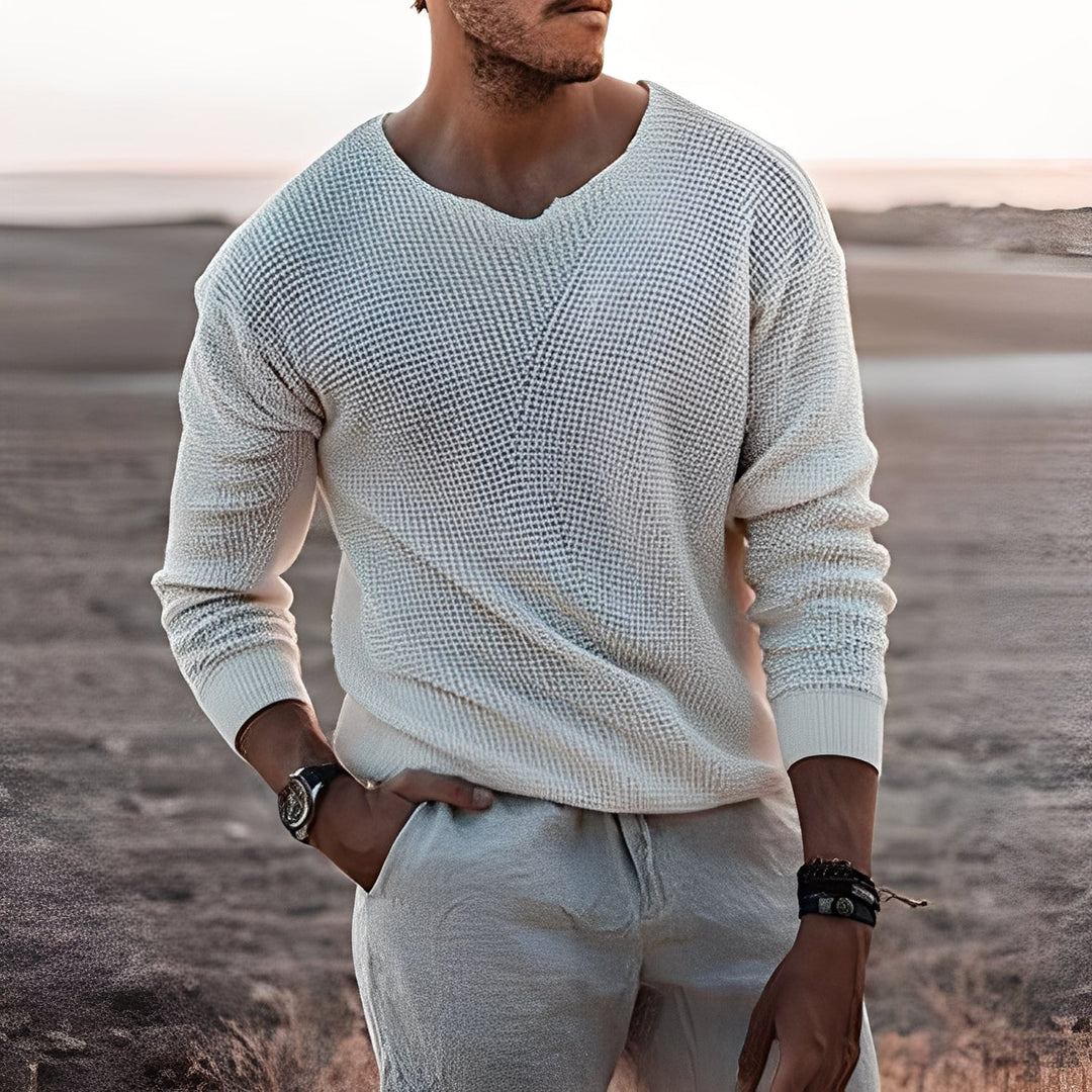 Gruby sweter męski Dion w modnym kolorze. Doskonały na chłodne dni. Męska moda casualowa.