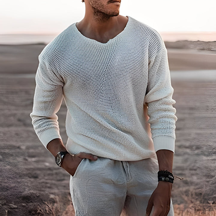 Gruby sweter męski Dion w modnym kolorze. Doskonały na chłodne dni. Męska moda casualowa.