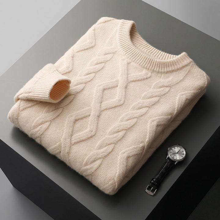 Męski sweter grubo dziany, idealny na zimę, w stylowym beżowym kolorze. Ciepły i modny sweter casualowy.