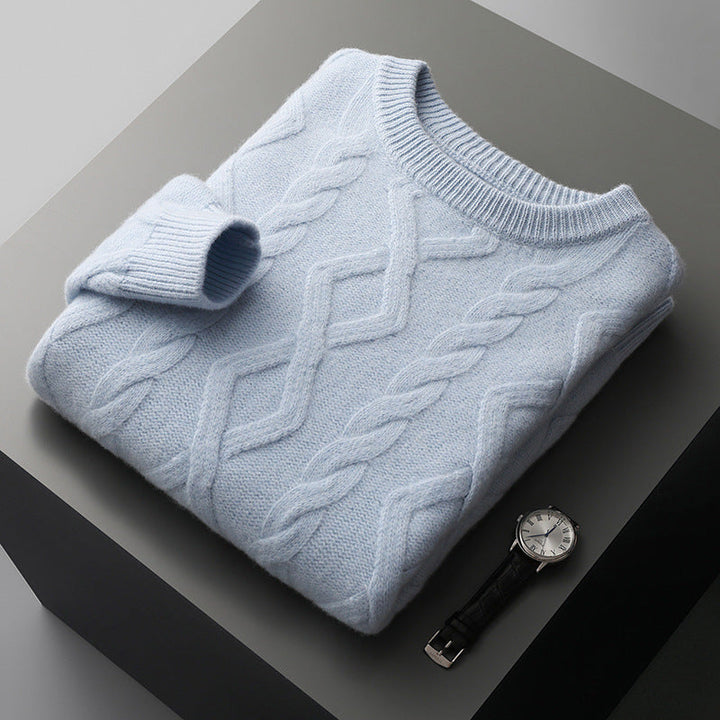 Elegancki męski sweter grubo dziany w kolorze niebieskim. Stylowy, ciepły sweter na zimę, odzież męska.