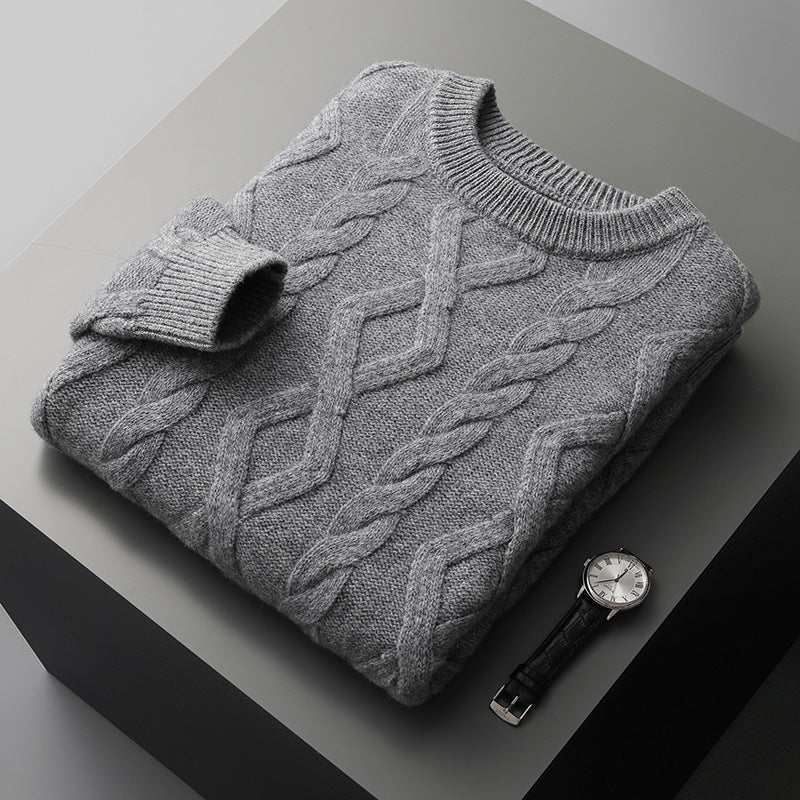 Szary męski sweter grubo dziany, zapewnia stylowy komfort. Ciepły, modny sweter casualowy na zimę.