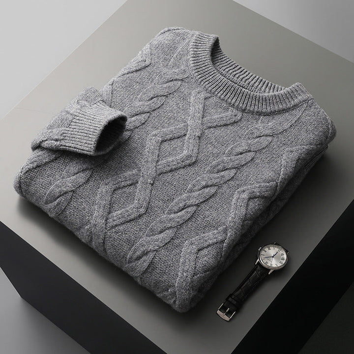 Szary męski sweter grubo dziany, zapewnia stylowy komfort. Ciepły, modny sweter casualowy na zimę.