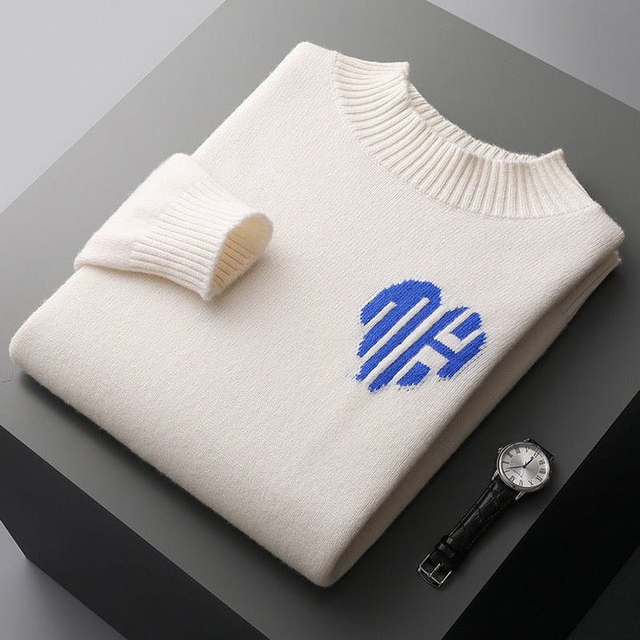 Męski sweter haftowany, elegancki, dopasowany. Idealny na jesień i zimę, modny casualowy styl.