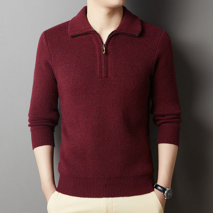 Modny męski sweter z zamkiem i kołnierzem stójką, elegancki, doskonały na co dzień i chłodne dni jesienno-zimowe.