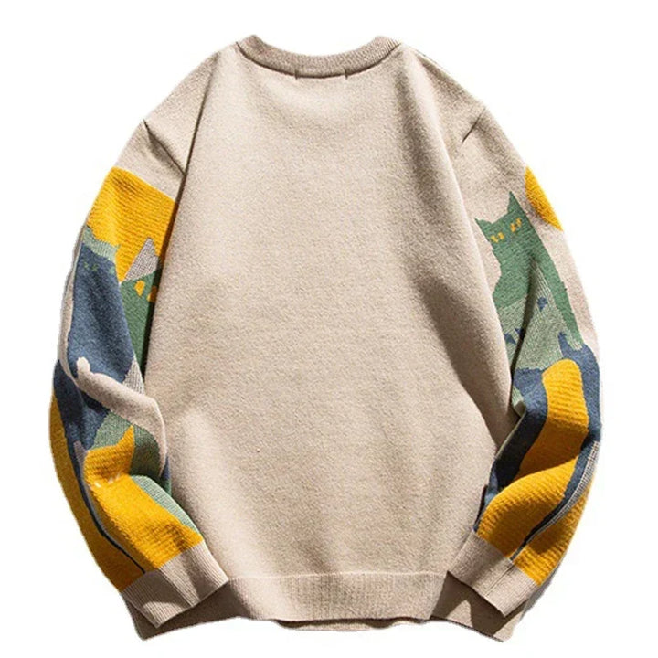 Beżowy męski sweter oversize z modnym wzorem. Ciepły, komfortowy sweter casualowy na jesień i zimę.