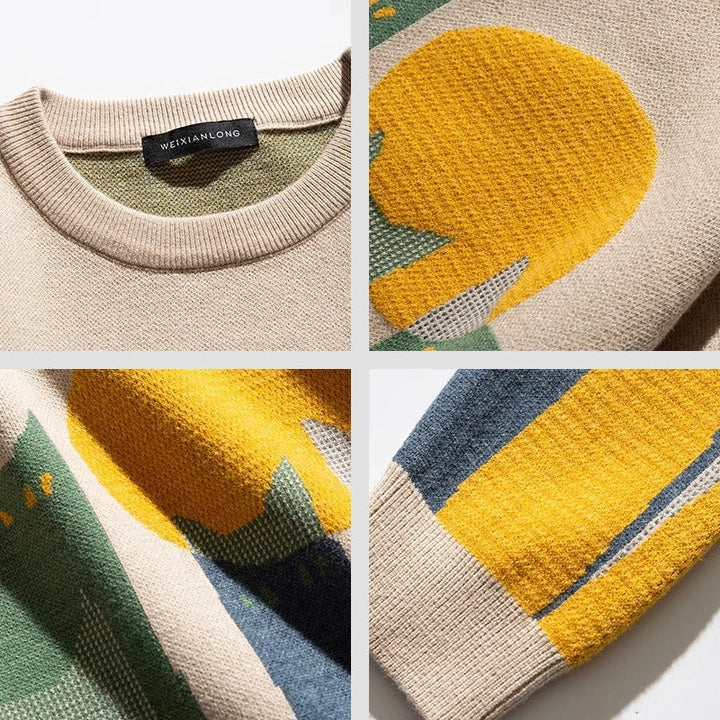 Stylowy męski sweter oversize z wyrazistym wzorem. Odzież męska, modny fason idealny do casualowych stylizacji.