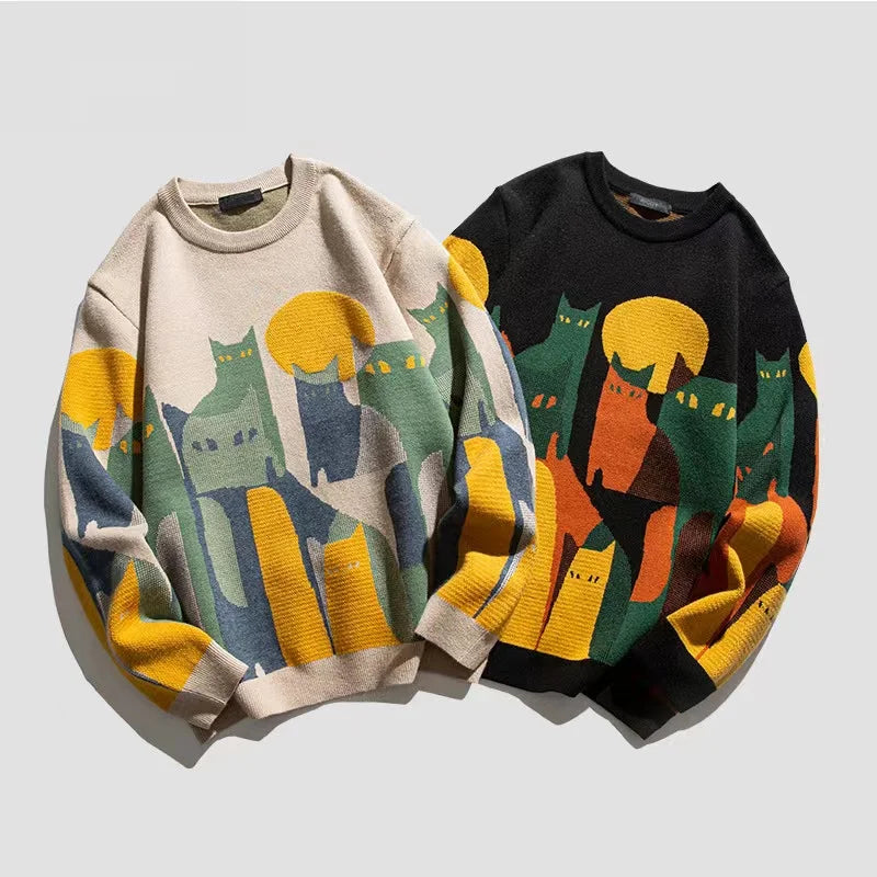 Czarny męski sweter oversize z ozdobnym wzorem. Komfortowy sweter na jesień/zimę, do codziennych, modowych stylizacji.