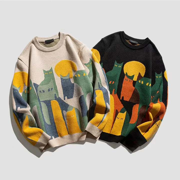 Czarny męski sweter oversize z ozdobnym wzorem. Komfortowy sweter na jesień/zimę, do codziennych, modowych stylizacji.