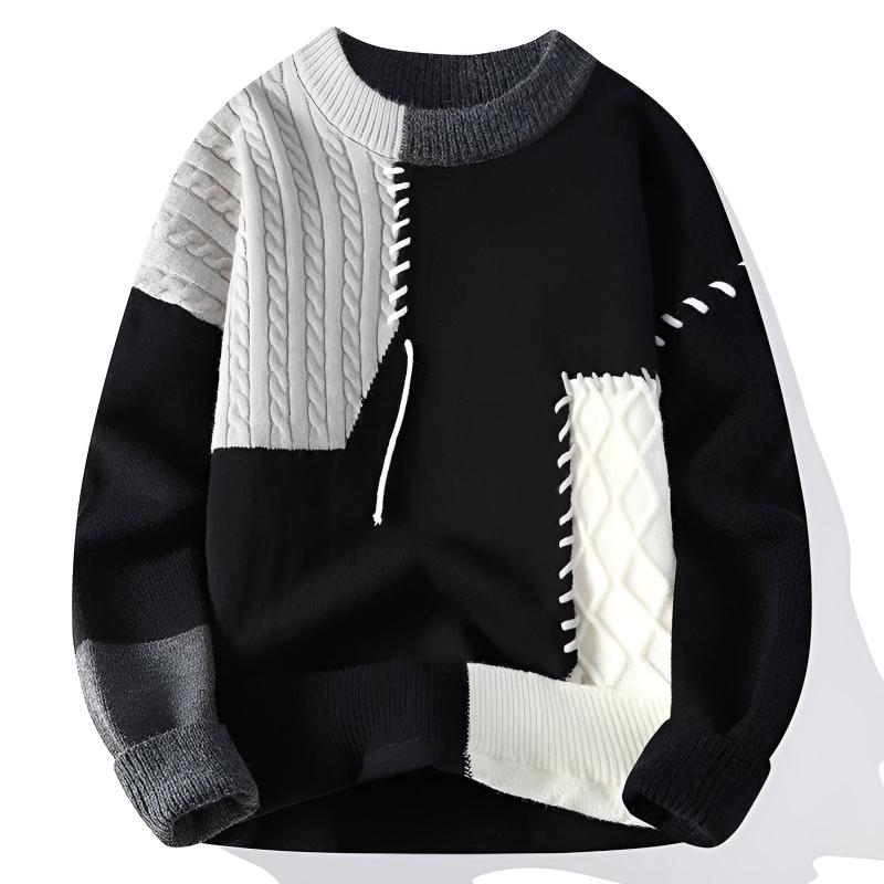 Casualowy sweter męski z patchworkowym wzorem, zapewniający wygodę i modny wygląd na chłodne dni.