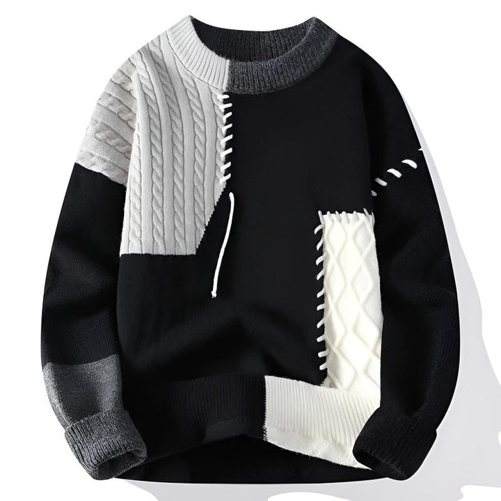 Casualowy sweter męski z patchworkowym wzorem, zapewniający wygodę i modny wygląd na chłodne dni.